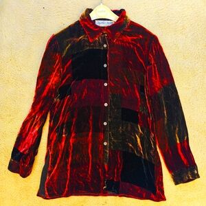 Vintage Galinda Wang Patchwork Multi Color Velvet Button Down Blouse.